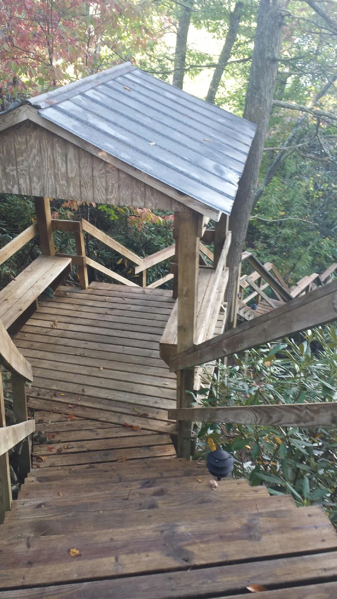 Metal roofed shelter over wooden steps on a wooded walkway — Skylight Repair & Installation work by our crew in Perryman